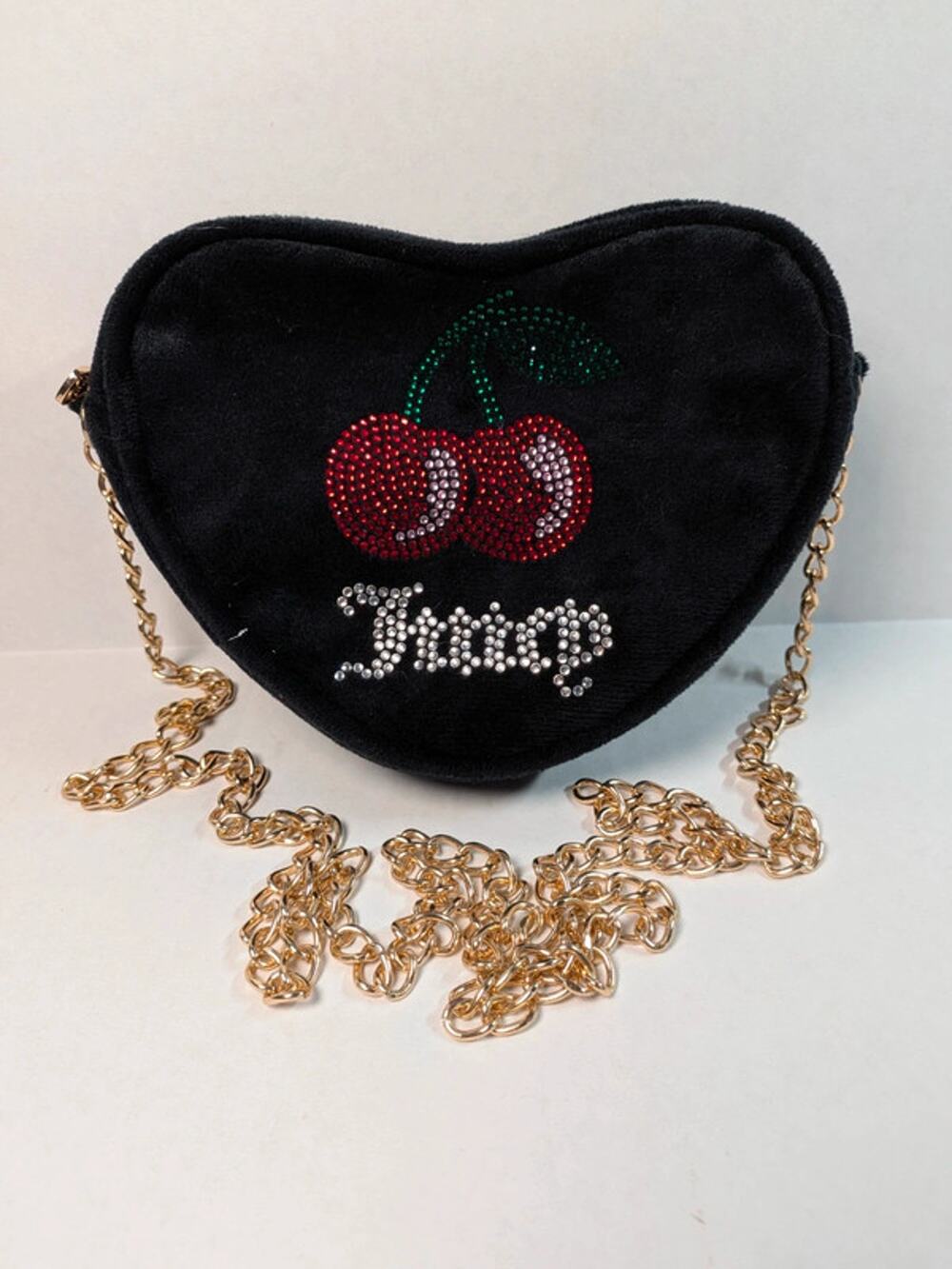 NWOT black velvet juicy couture cherry heart crossbody gold chain purse kids